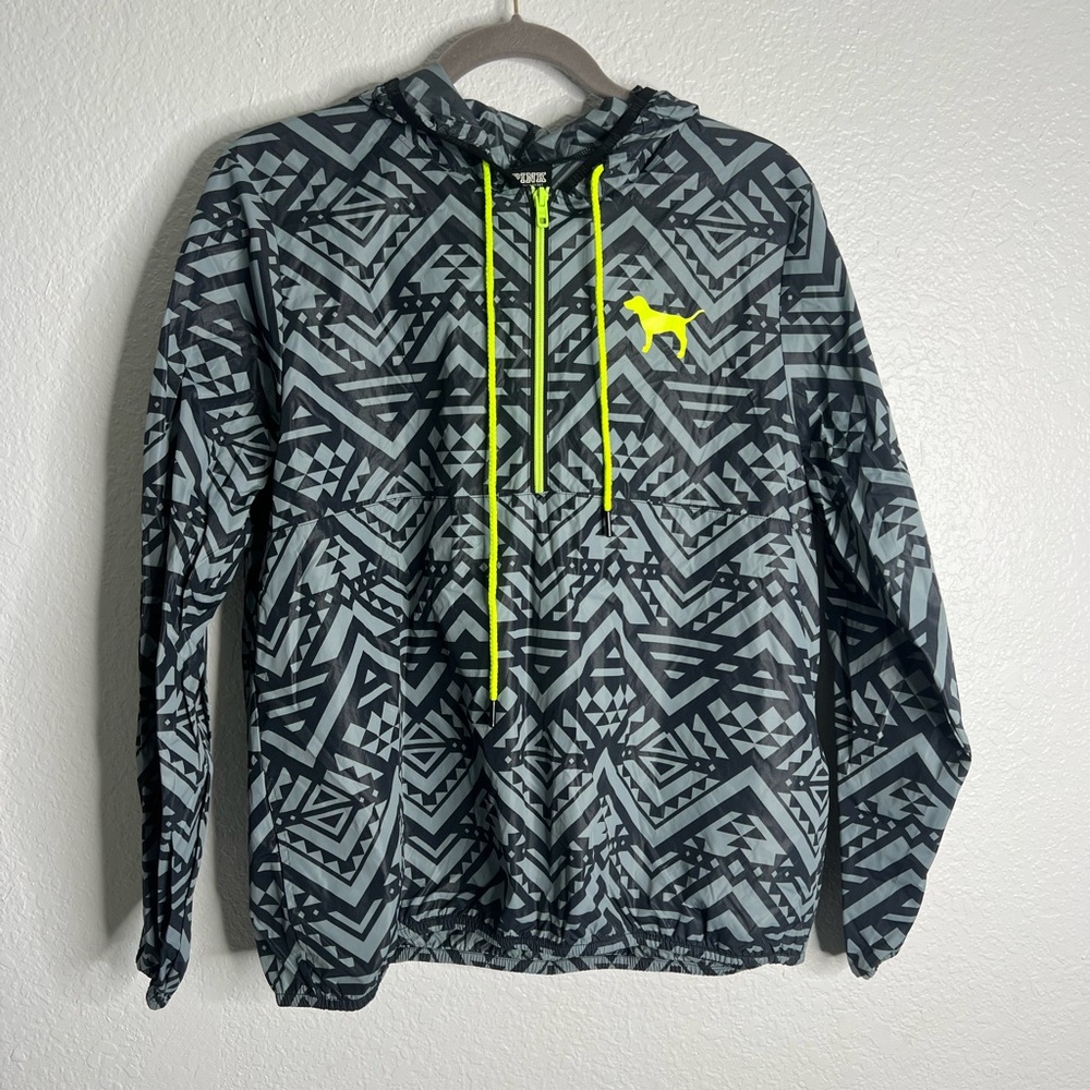 Victoria's Secret Pink Grey, Black and Neon Yellow Hooded Windbreaker XS/S